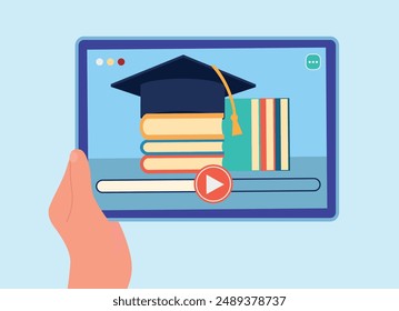 Hands holding a tablet and playing the video. Online education, courses, training, e-learning, distance learning.  Cartoon vector illustration.
