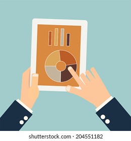 Hands holding tablet and pointig on pie graph, vector