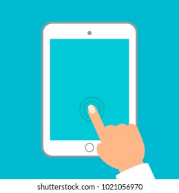 Hands holding tablet and pointing on the blank screen, colorful, graphic design, vector illustration, using digital tablet, background elements