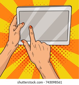 Hands Holding A Tablet Pop Art. Female Hands With Red Manicure Hold A Laptop Computer. Vintage Pop Art Retro Vector Illustration. EPS 10