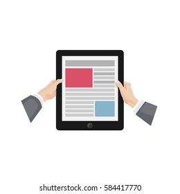 Hands holding a tablet, reading news on tablet, newspaper flat illustration