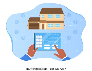 Hands holding tablet with remote app. Concept of smart home mobile application for phone, watch and control home systems as energy, conditioning, temperature. Flat cartoon vector illustration