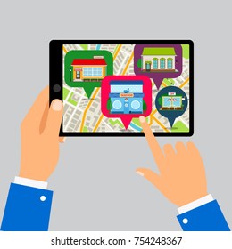 Hands holding tablet with restaurants map app, vector illustration