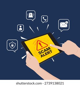 Hands holding tablet with scam alert symbol and communication icons. Concept of fraud warning, spam calls, and online security.