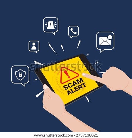 Hands holding tablet with scam alert symbol and communication icons. Concept of fraud warning, spam calls, and online security.