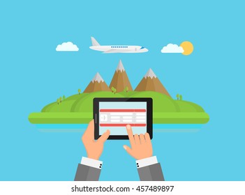 hands holding the tablet, the screen ticket, on background landscape with mountains and a plane, online booking concept, vector illustration in flat style