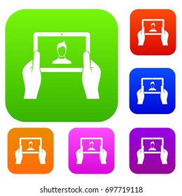 Hands holding tablet set icon in different colors isolated vector illustration. Premium collection