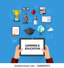 Hands holding a tablet and set of objects that symbolize science and knowledge. Learning and education concept flat style illustration for web design, layout, banner, diagram, infographics.