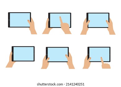 Manos sujetando el juego de tablets.Plantillas, maquetas de pantallas táctiles vacías. Espacio para su imagen o texto. Estilo plano,diseño minimalista.Isolated.Vector ilustración