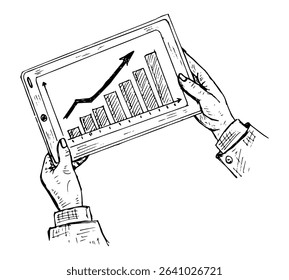 Hands holding a tablet showing a positive financial business results graph.
