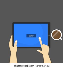 Hands holding tablet, sign up button