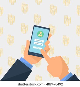 hands holding tablet with sign in screen, flat design illustration