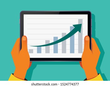 Hands holding tablet with statistical data presented on screen. Financial analysis business concept growth and the path to success, Flat design vector illustration