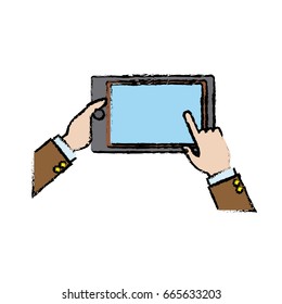 hands holding tablet technology device