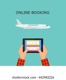 hands holding a tablet with tickets on the screen, the plane in the air, online ticketing concept, vector illustration in flat style