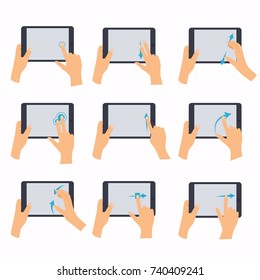 Hands holding a tablet touch computer gadget. Hand icons showing commonly used multi-touch gestures for touchscreen tablets. Flat design modern vector business concept.