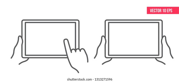 Hands holding tablet and touching blank screen. Line icon. Online Mobile technology.  