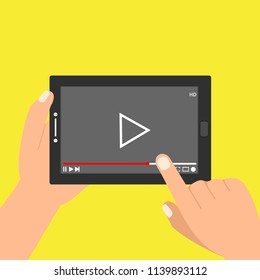 Hands holding tablet and touching screen. Video player on screen. Vector illustration.