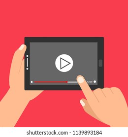 Hands holding tablet and touching screen. Video player on screen. Vector illustration.