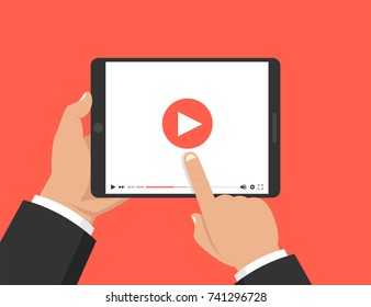 Hands holding tablet and touching screen. Video player on screen. Vector illustration.