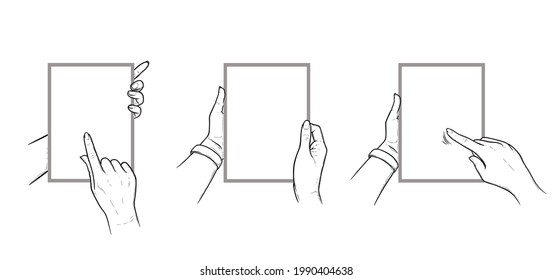 Manos sujetando el comprimido con gestos de pantalla táctil. Conjunto de comprimidos verticales en manos de un humano. Esbozar ilustración vectorial aislada en fondo blanco