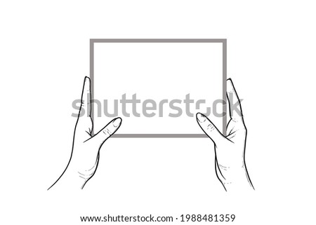 Hands holding tablet with touchscreen. Horizontal tablet in hands of a human. Sketch vector illustration isolated in white background