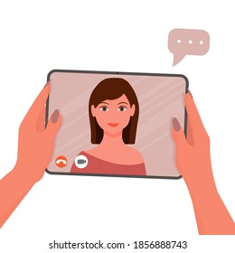 Comprimido con las manos, videollamada, concepto de webinar aislado sobre fondo blanco. Uso de la tecnología para la conversación. Web creativa, de estilo plano. 