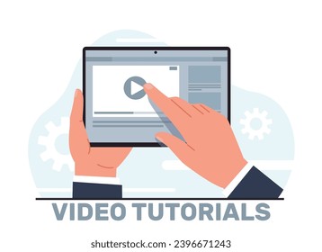 Hands holding tablet with video lessons. Man hold laptop, play sign on device scree, online education, conference and webinar, tutorial and training. Cartoon flat isolated vector concept