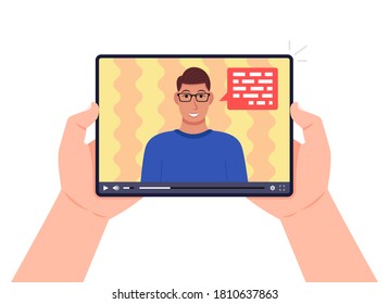 Hands holding tablet with video online webinar on the screen. Man talking on video. Online learning, e-learning concept. Vector illustration.