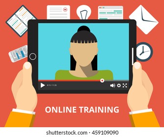 Hands holding tablet with video online training on the screen. Vector flat illustration.