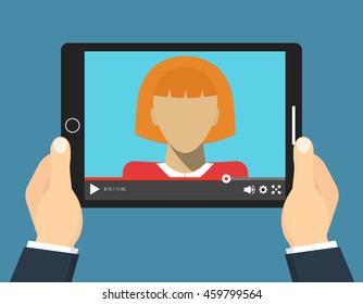 Hands holding tablet with video online training on the screen. Vector flat illustration.