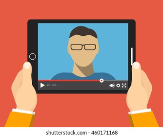 Hands holding tablet with video online training on the screen. Vector flat illustration.