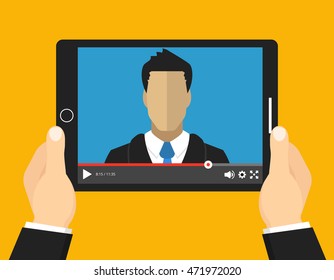 Hands holding tablet with video online training on the screen. Vector flat illustration.