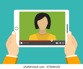 Hands holding tablet with video online training on the screen. Vector flat illustration.