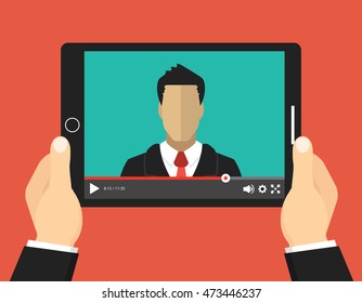 Hands holding tablet with video online training on the screen. Vector flat illustration.