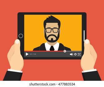 Hands holding tablet with video online training on the screen. Vector flat illustration.
