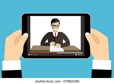 Hands holding tablet with video online training on the screen. Vector flat illustration.