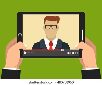 Hands holding tablet with video online webinar on the screen. Vector flat illustration.