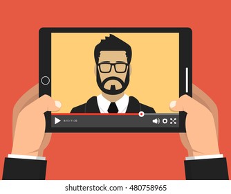 Hands holding tablet with video online webinar on the screen. Vector flat illustration.