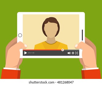 Hands holding tablet with video online training on the screen. Vector flat illustration.