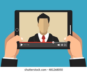 Hands holding tablet with video online webinar on the screen. Vector flat illustration.