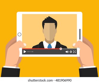 Hands holding tablet with video online webinar on the screen. Vector flat illustration.