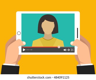 Hands holding tablet with video online training on the screen. Vector flat illustration.