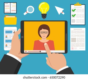 Hands holding tablet with video online training on the screen. Female avatar. Webinar icons. Vector flat illustration.