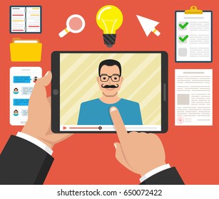 Hands holding tablet with video online webinar on the screen. Male avatar. Webinar icons. Vector flat illustration.