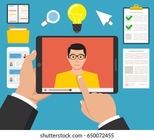 Hands holding tablet with video online webinar on the screen. Male avatar. Webinar icons. Vector flat illustration.