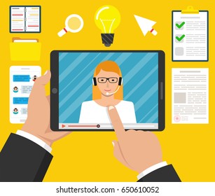 Hands holding tablet with video online training on the screen. Female avatar. Webinar icons. Vector flat illustration.