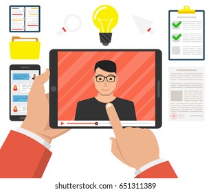 Hands holding tablet with video online webinar on the screen. Male avatar. Webinar icons. Vector flat illustration.
