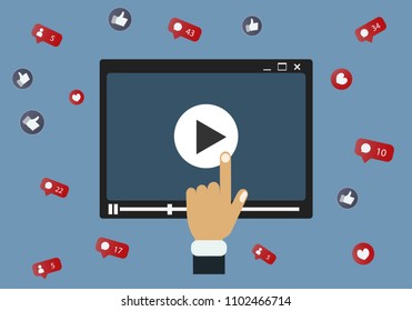 Hands holding tablet with video player on screen. Vector flat illustration