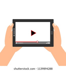 Hands holding tablet with video player on screen. Vector flat illustration